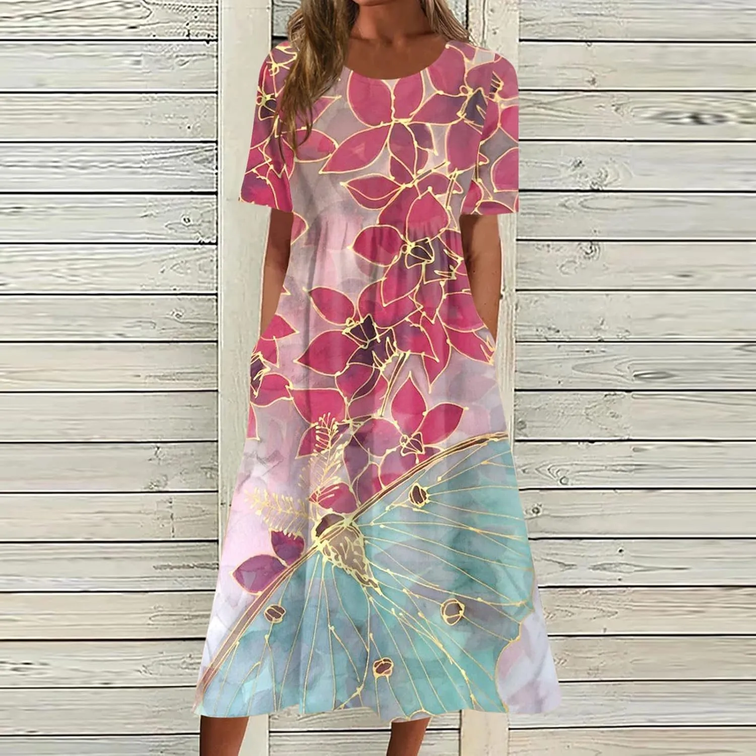 Classic Summer Long Short Sleeve Dresses for Women Active Baggy Cool Graphic Dress Cotton Pocket Pullover.