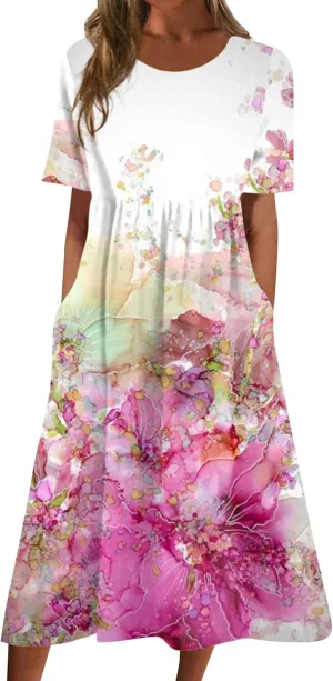 Classic Summer Long Short Sleeve Dresses for Women Active Baggy Cool Graphic Dress Cotton Pocket Pullover.