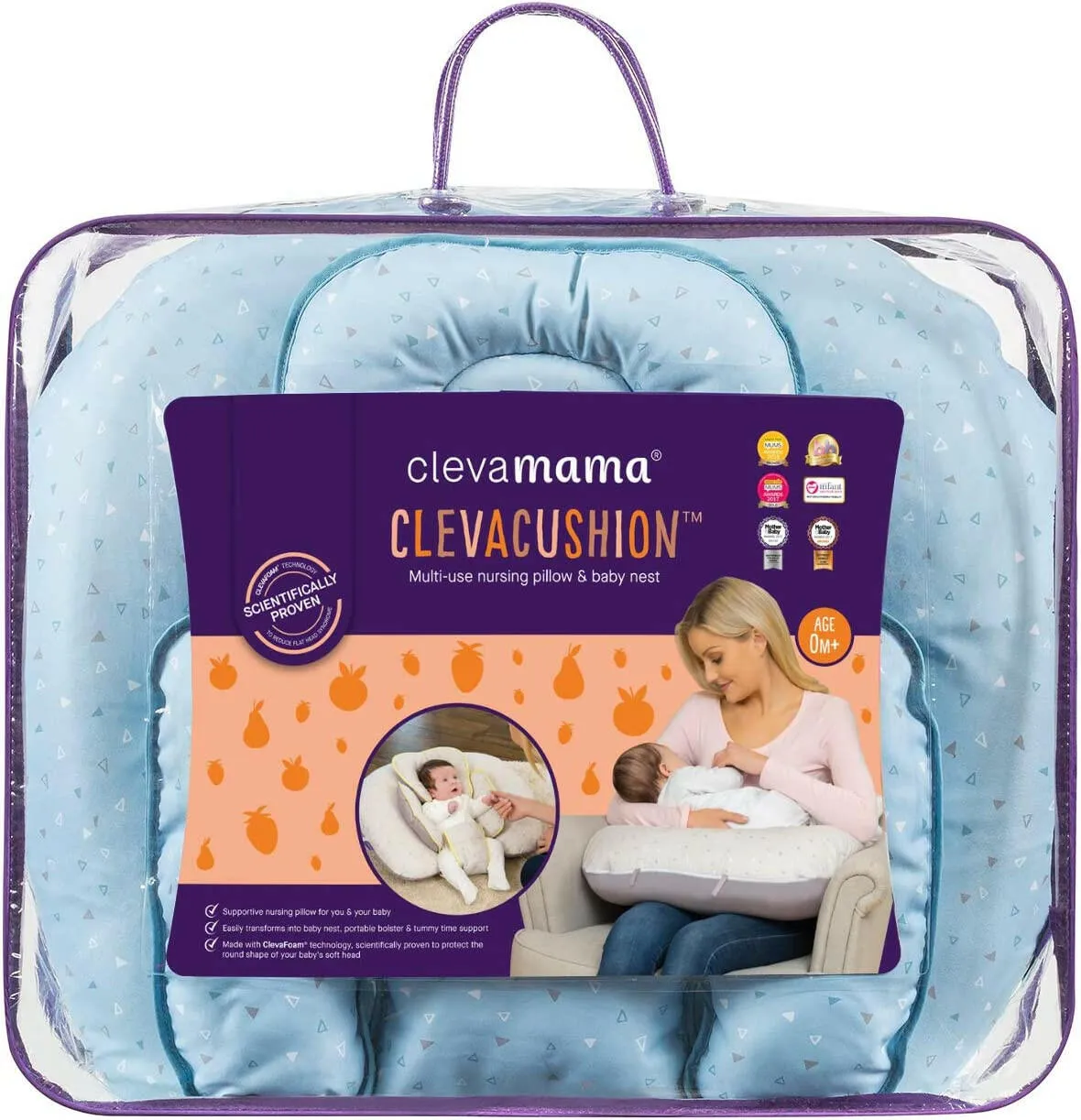 ClevaCushion Nursing Pillow & Baby Nest - Coral / Blue