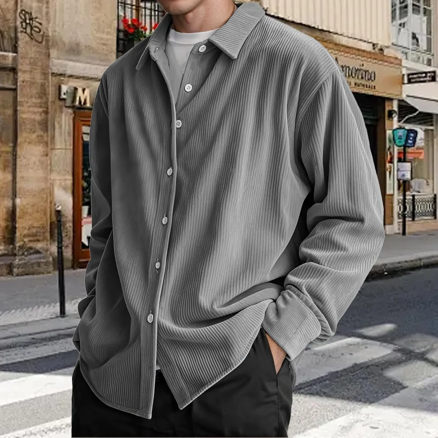 Corduroy Shirt Mens Lapel Long Sleeve Wrinkle Free Shirts Casual Button Down Shirts Work Overshirt Shackets for Men
