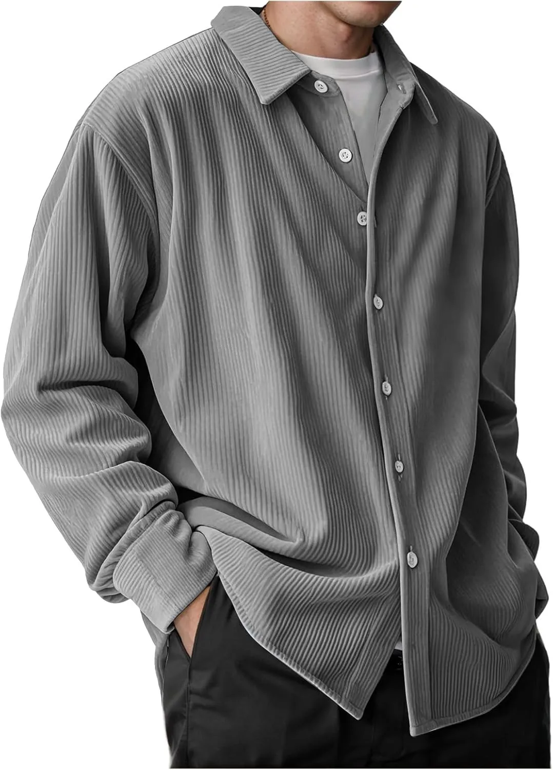 Corduroy Shirt Mens Lapel Long Sleeve Wrinkle Free Shirts Casual Button Down Shirts Work Overshirt Shackets for Men