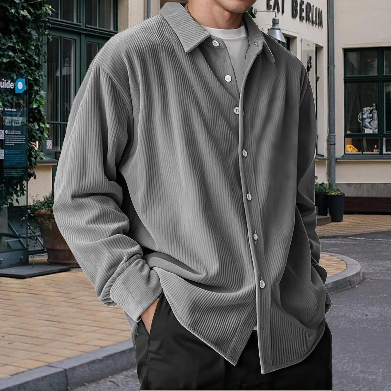 Corduroy Shirt Mens Lapel Long Sleeve Wrinkle Free Shirts Casual Button Down Shirts Work Overshirt Shackets for Men