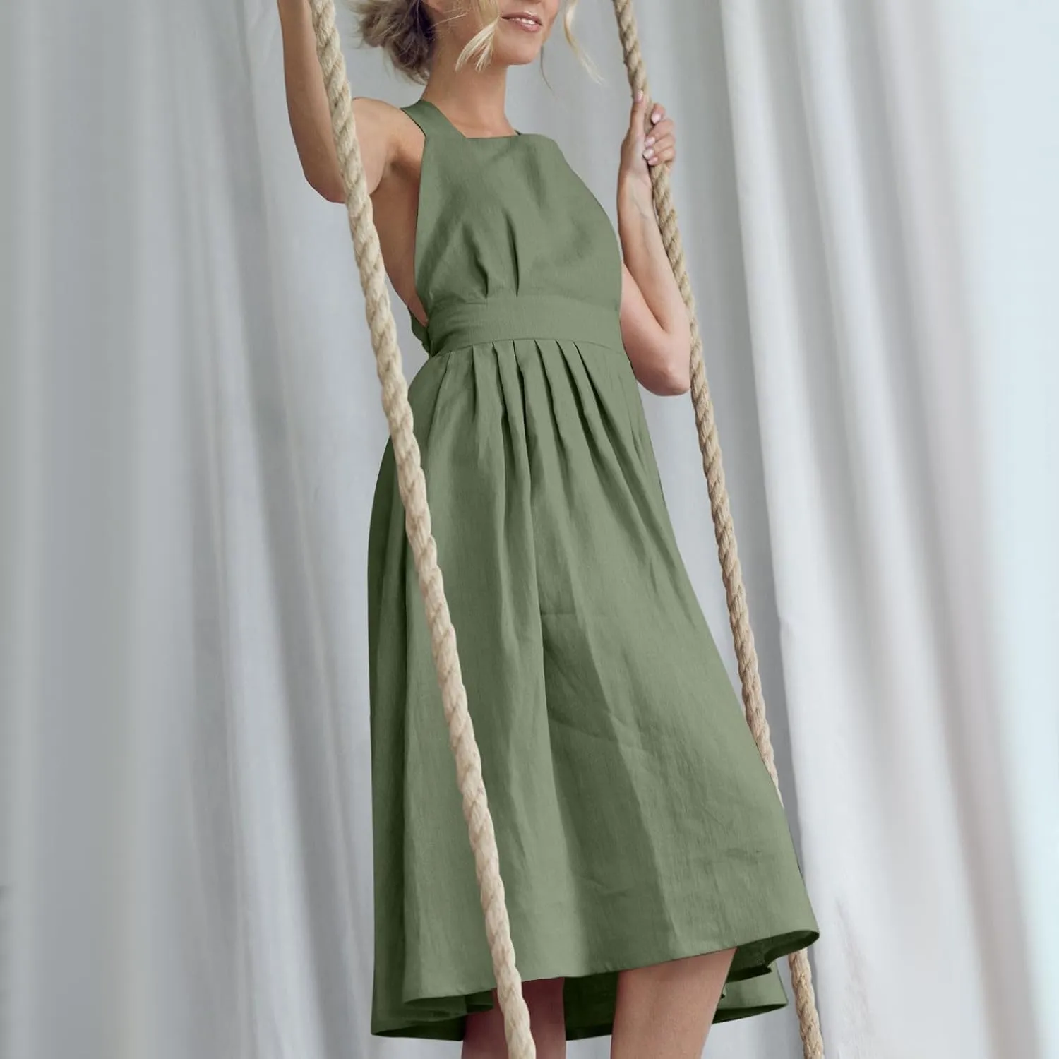 Cotton Linen Midi Dress for Women Summer Beach Vacation Backless Dresses Fashion Sleeveless A Line Pleated Sundress