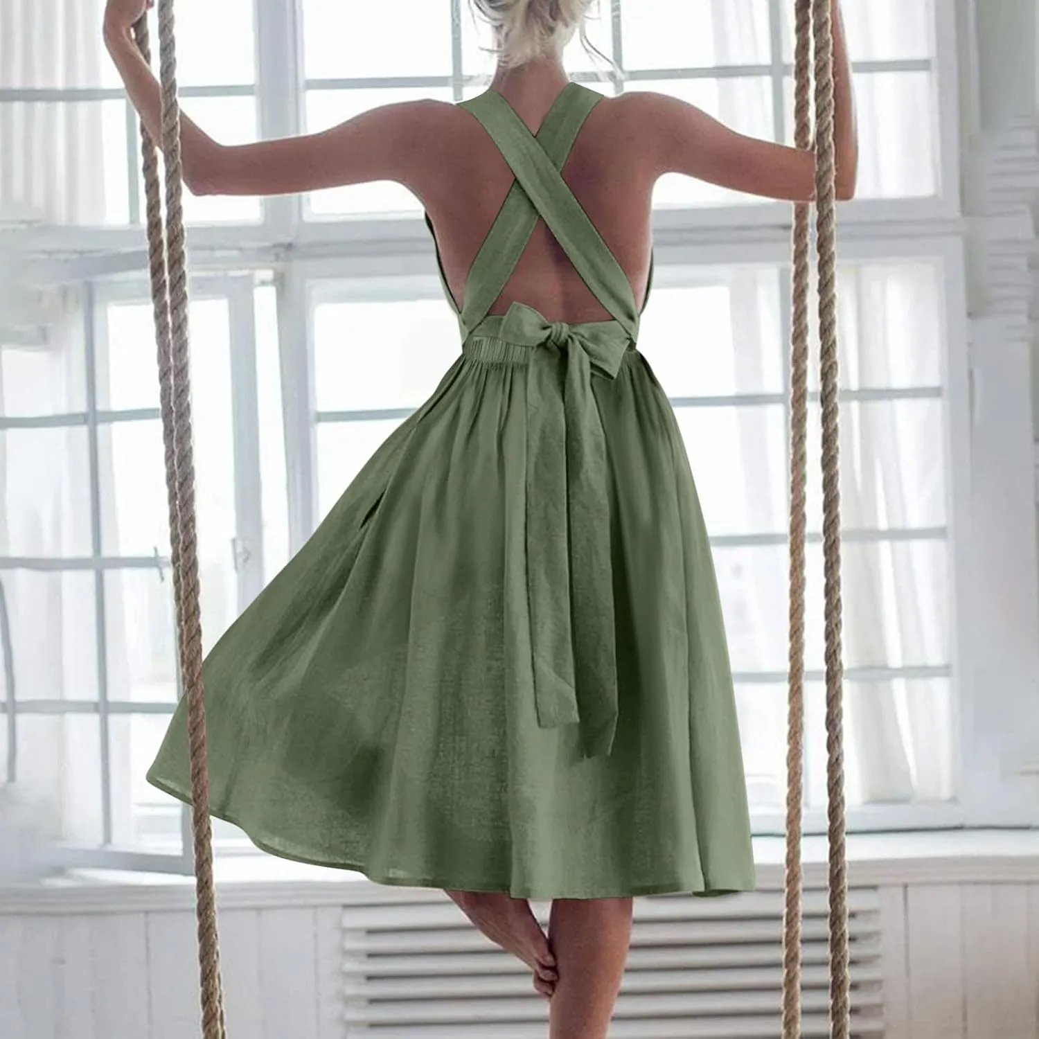 Cotton Linen Midi Dress for Women Summer Beach Vacation Backless Dresses Fashion Sleeveless A Line Pleated Sundress