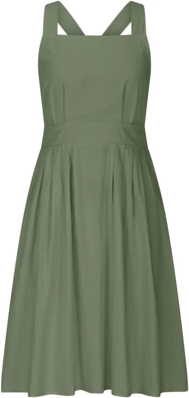 Cotton Linen Midi Dress for Women Summer Beach Vacation Backless Dresses Fashion Sleeveless A Line Pleated Sundress
