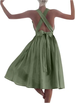 Cotton Linen Midi Dress for Women Summer Beach Vacation Backless Dresses Fashion Sleeveless A Line Pleated Sundress
