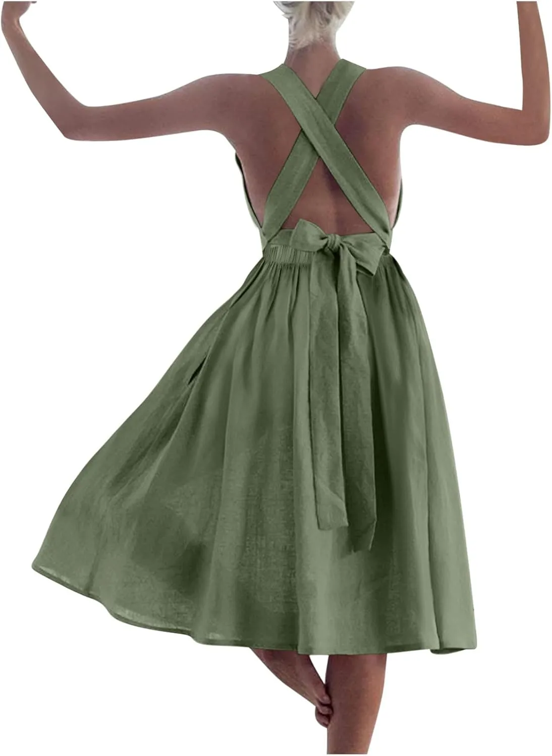 Cotton Linen Midi Dress for Women Summer Beach Vacation Backless Dresses Fashion Sleeveless A Line Pleated Sundress