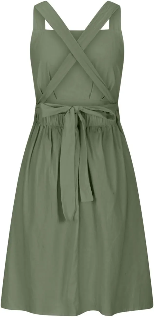 Cotton Linen Midi Dress for Women Summer Beach Vacation Backless Dresses Fashion Sleeveless A Line Pleated Sundress