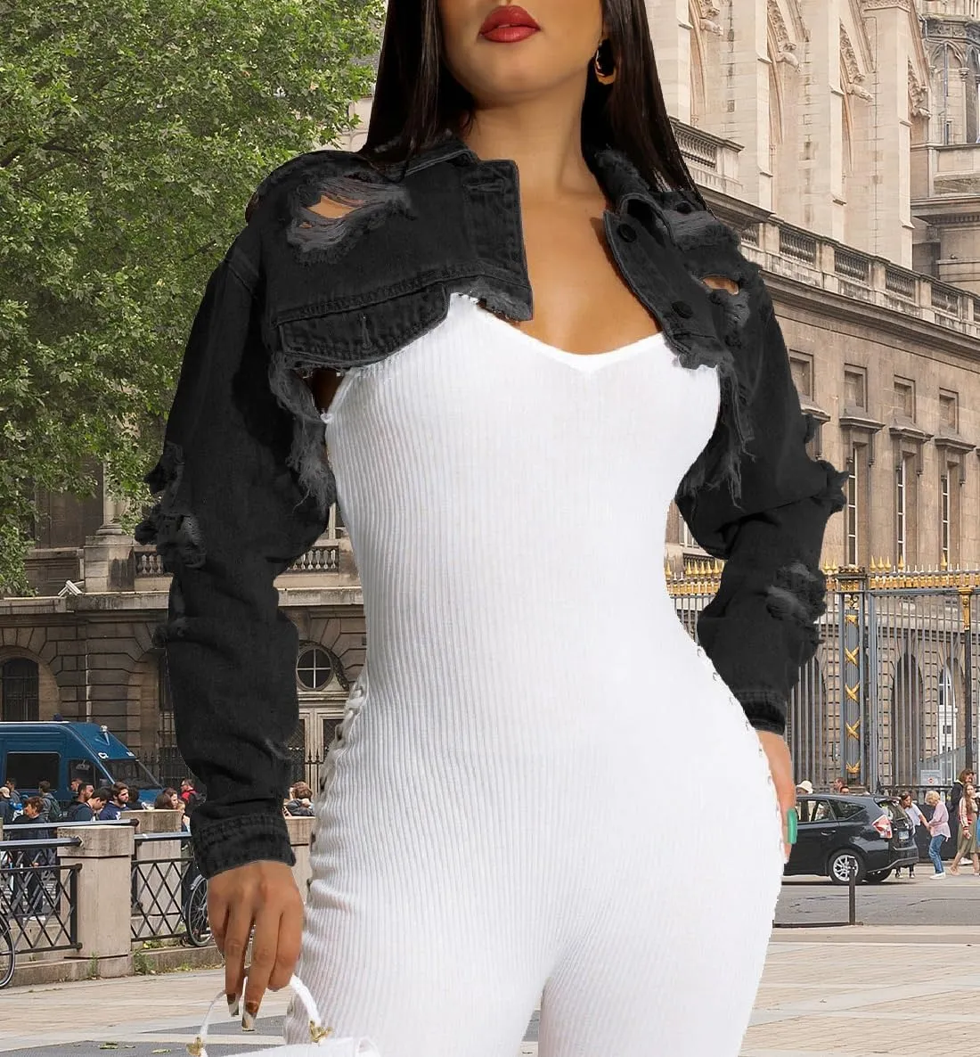 Cropped Denim Jackets for Women Long Sleeve Ripped Destroyed Wash Crop Top Jean Jackets
