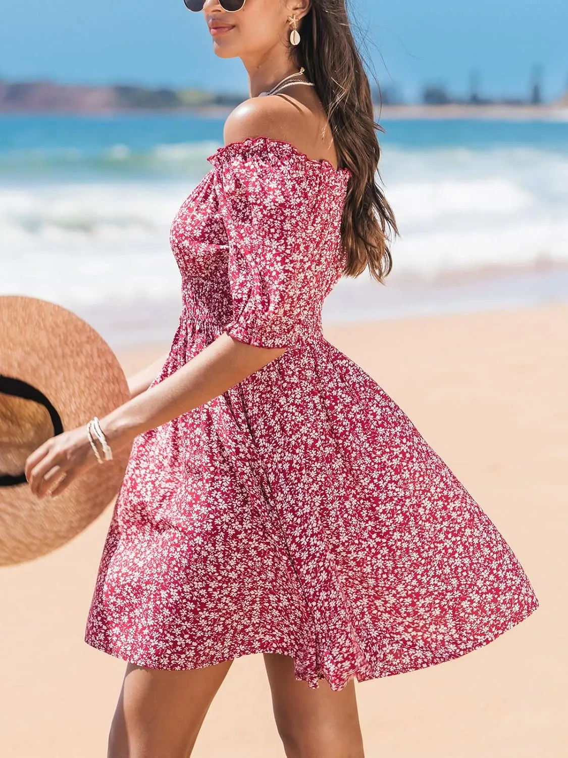 CUPSHE Women's Floral Mini Dress Off Shoulder Half Sleeve Ruffled Trim Summer Short Dresses