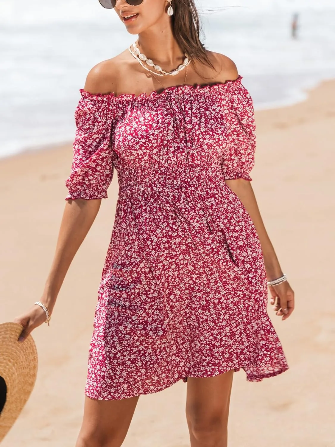 CUPSHE Women's Floral Mini Dress Off Shoulder Half Sleeve Ruffled Trim Summer Short Dresses