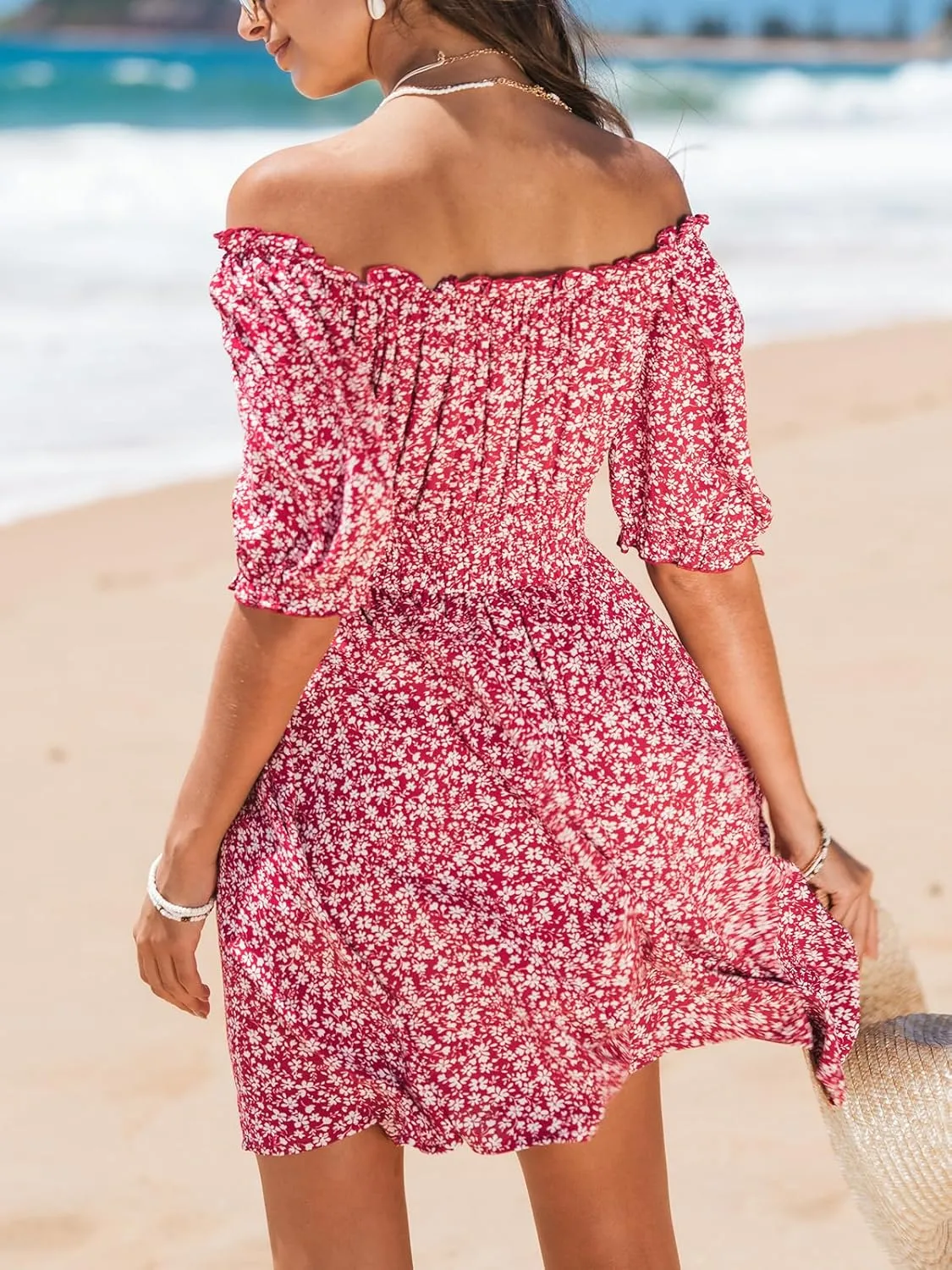 CUPSHE Women's Floral Mini Dress Off Shoulder Half Sleeve Ruffled Trim Summer Short Dresses