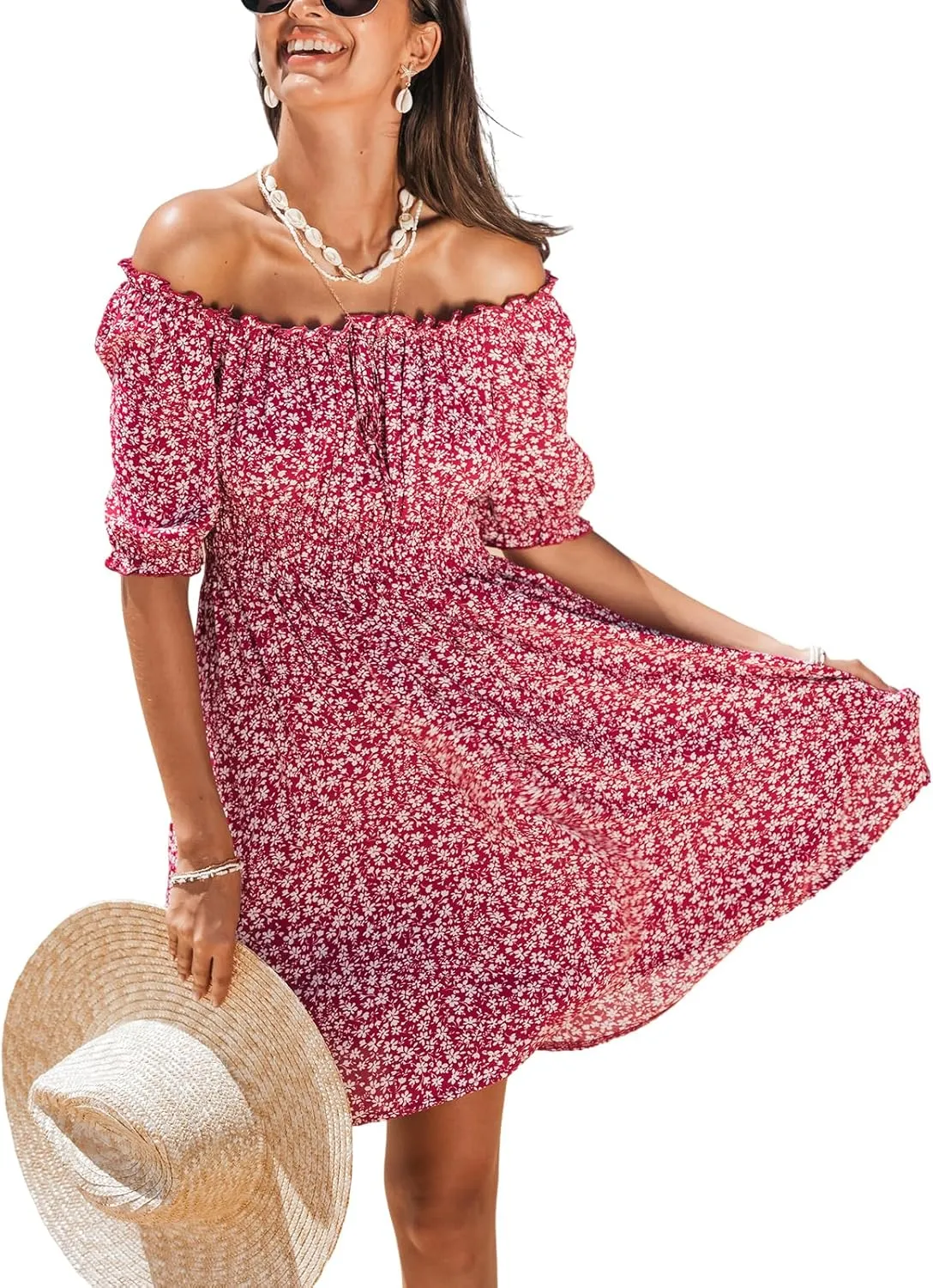 CUPSHE Women's Floral Mini Dress Off Shoulder Half Sleeve Ruffled Trim Summer Short Dresses