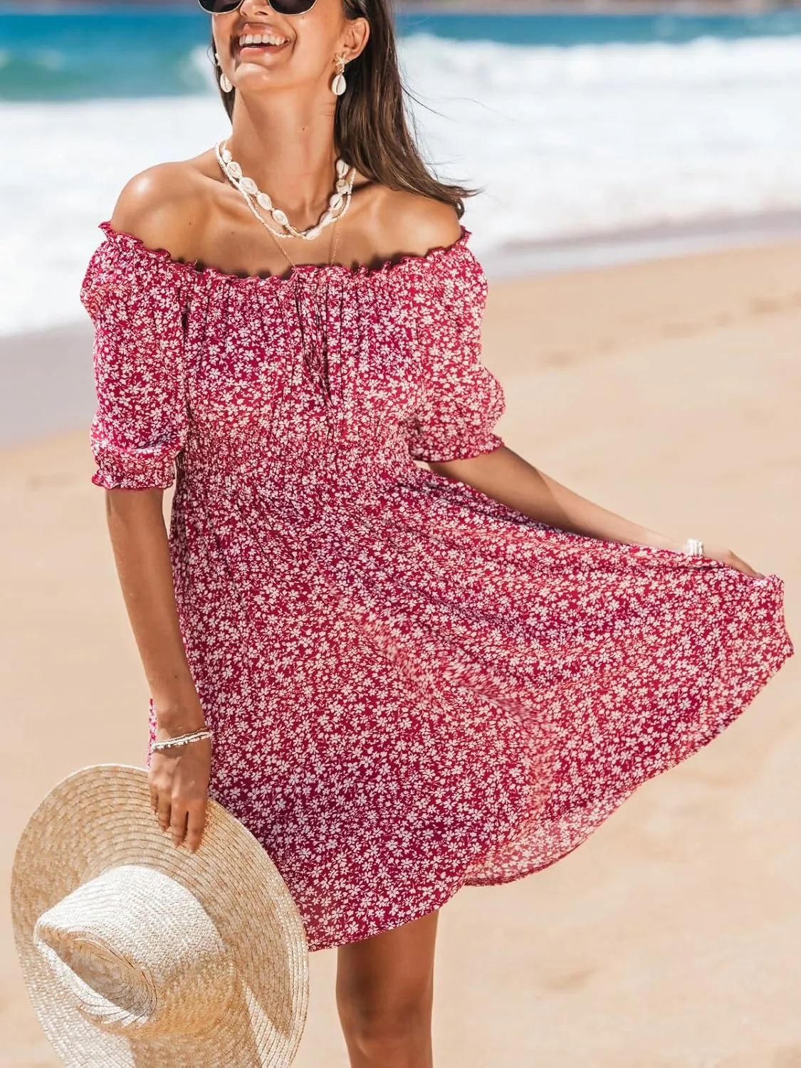 CUPSHE Women's Floral Mini Dress Off Shoulder Half Sleeve Ruffled Trim Summer Short Dresses