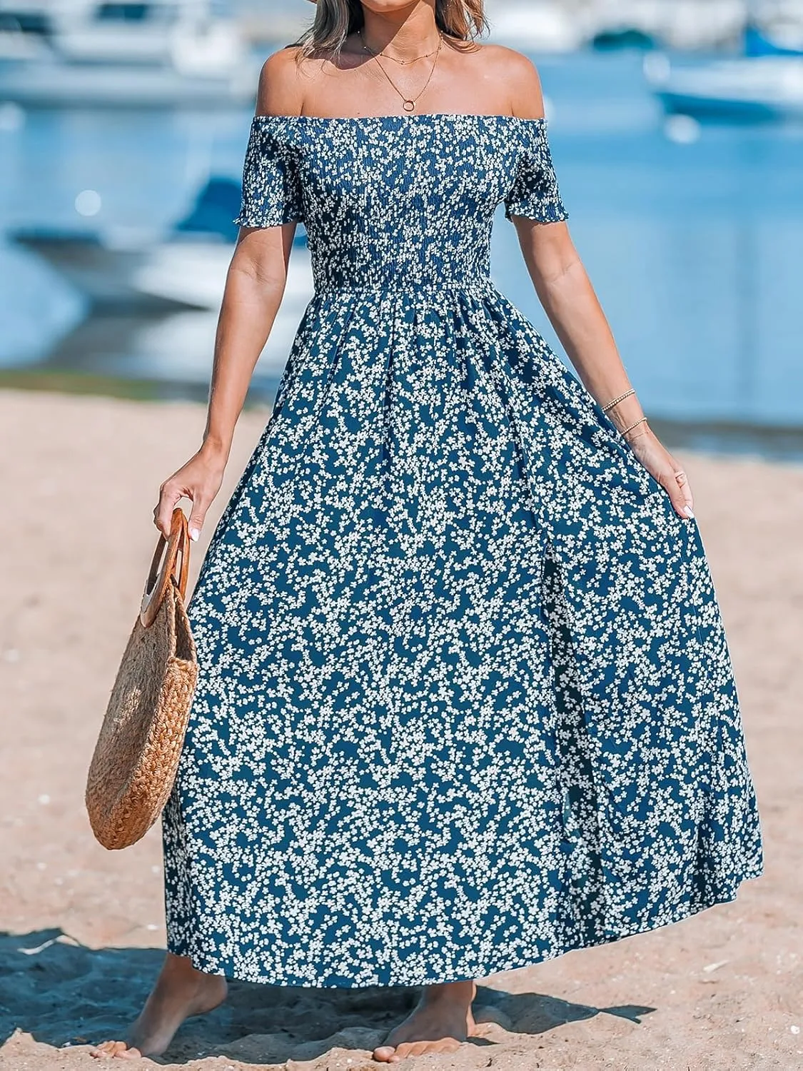 CUPSHE Women's Off Shoulder Beach Dress Floral Tube Ruffle Short Sleeve Elastic Waist High Slit Maxi Summer Dresses