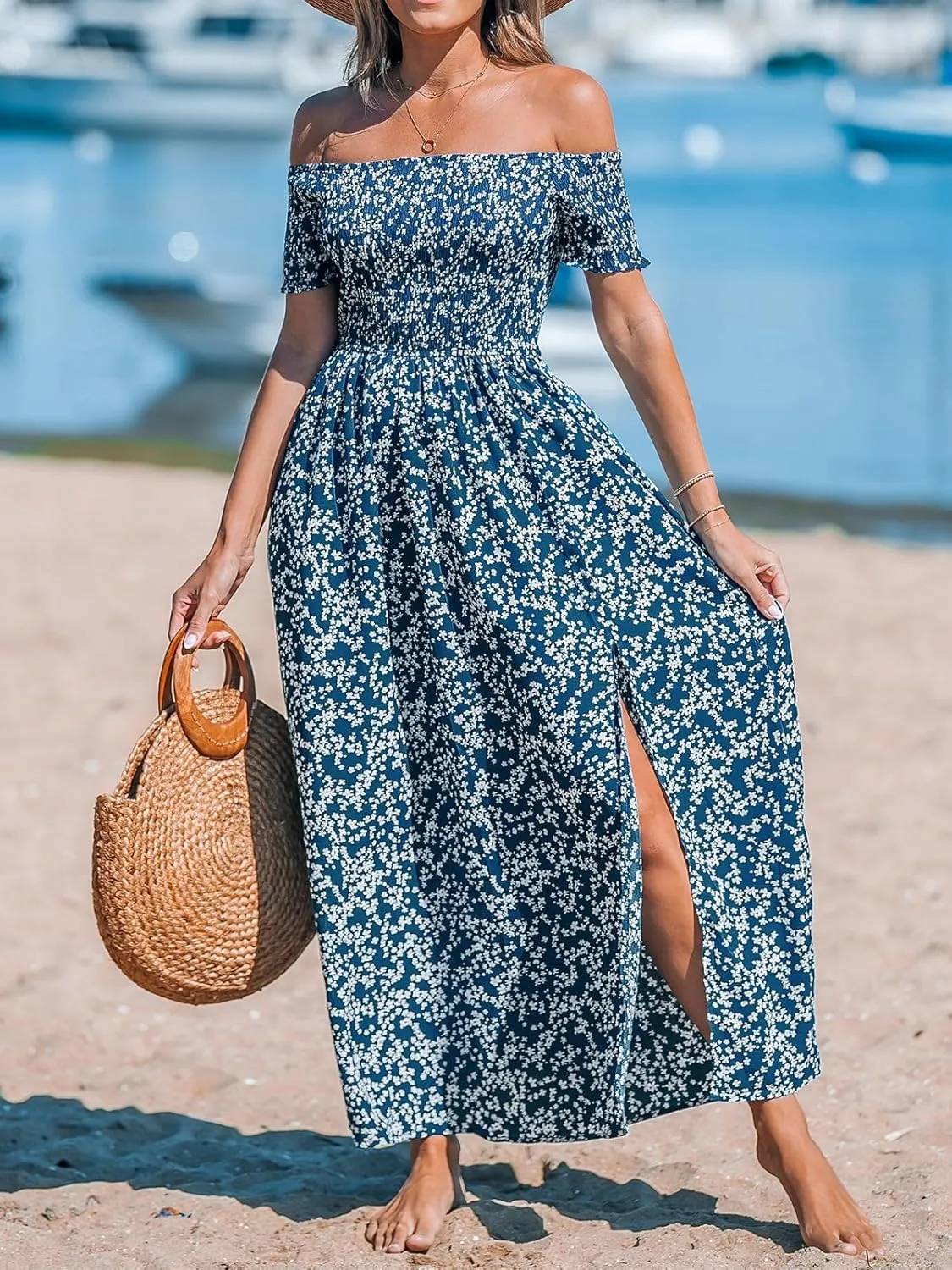 CUPSHE Women's Off Shoulder Beach Dress Floral Tube Ruffle Short Sleeve Elastic Waist High Slit Maxi Summer Dresses