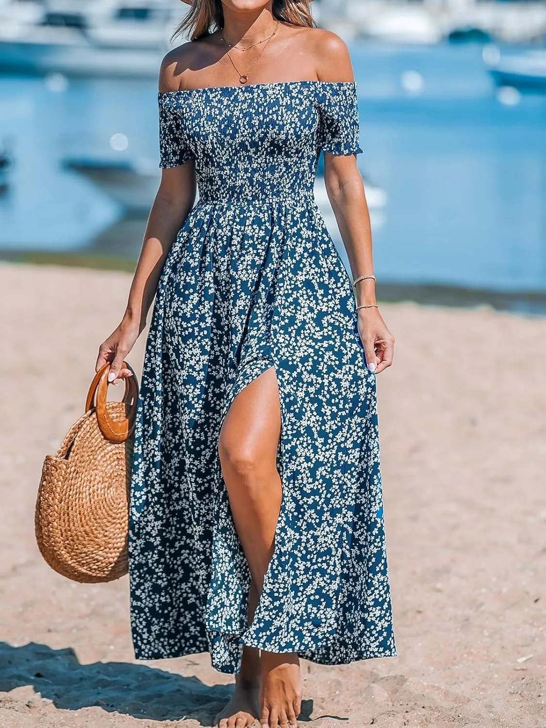 CUPSHE Women's Off Shoulder Beach Dress Floral Tube Ruffle Short Sleeve Elastic Waist High Slit Maxi Summer Dresses