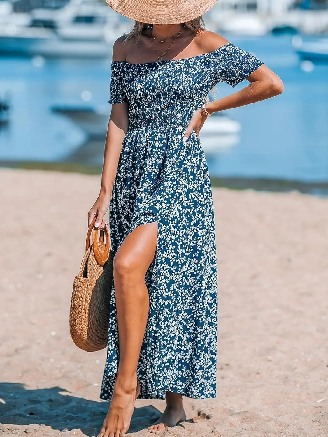 CUPSHE Women's Off Shoulder Beach Dress Floral Tube Ruffle Short Sleeve Elastic Waist High Slit Maxi Summer Dresses
