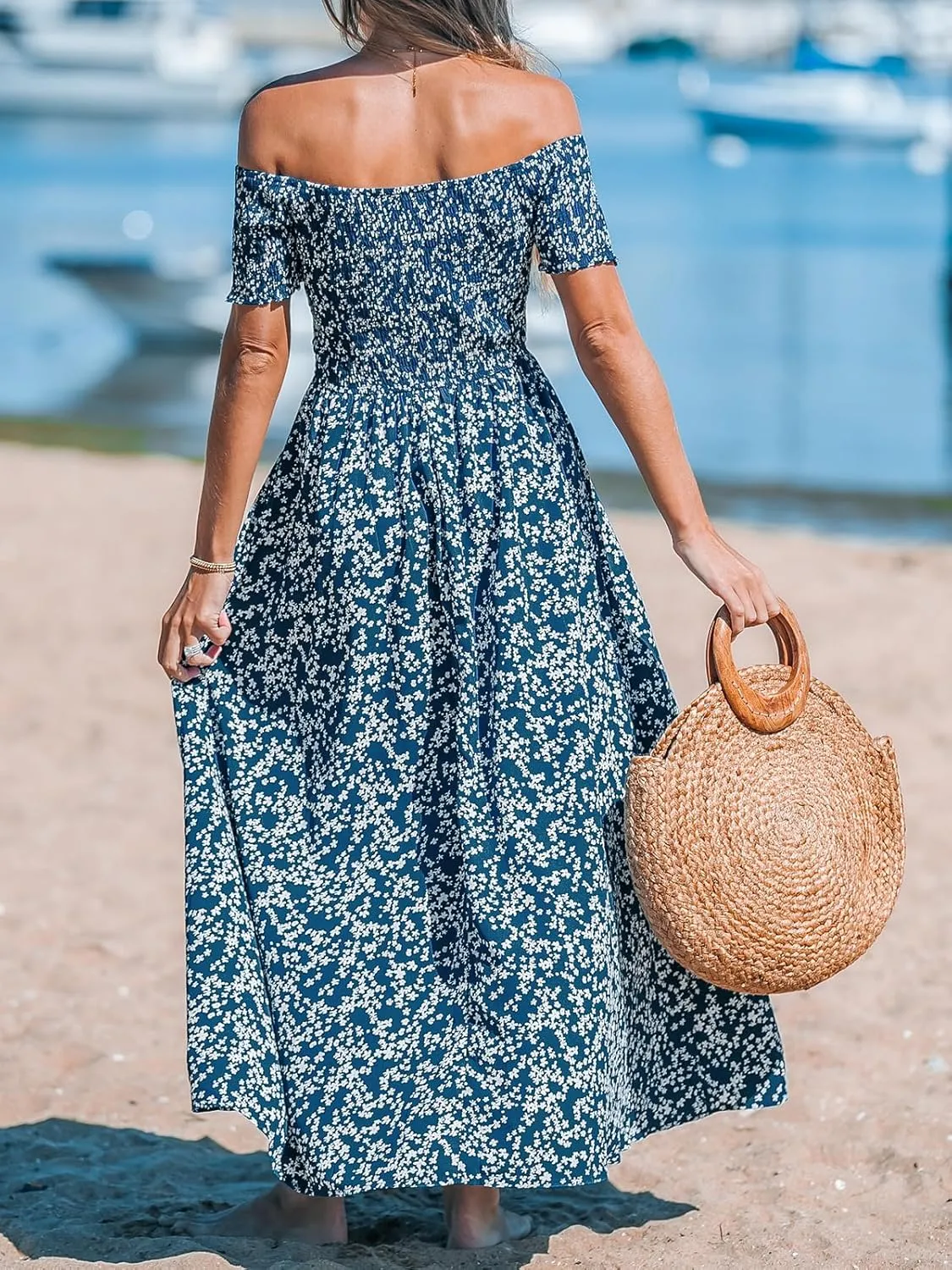 CUPSHE Women's Off Shoulder Beach Dress Floral Tube Ruffle Short Sleeve Elastic Waist High Slit Maxi Summer Dresses