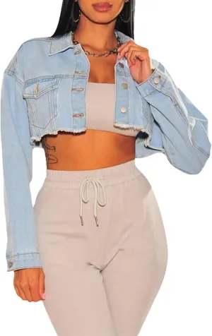 CutieLove Women's Cropped Denim Jackets Long Sleeve Destroyed Crop Top Casual Jean Coat