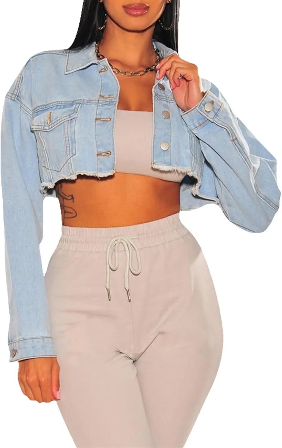 CutieLove Women's Cropped Denim Jackets Long Sleeve Destroyed Crop Top Casual Jean Coat