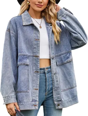 Denim Jackets for Women Long Sleeve Oversized Button Up Denim Coat Casual Jean Jacket Coat with Pockets