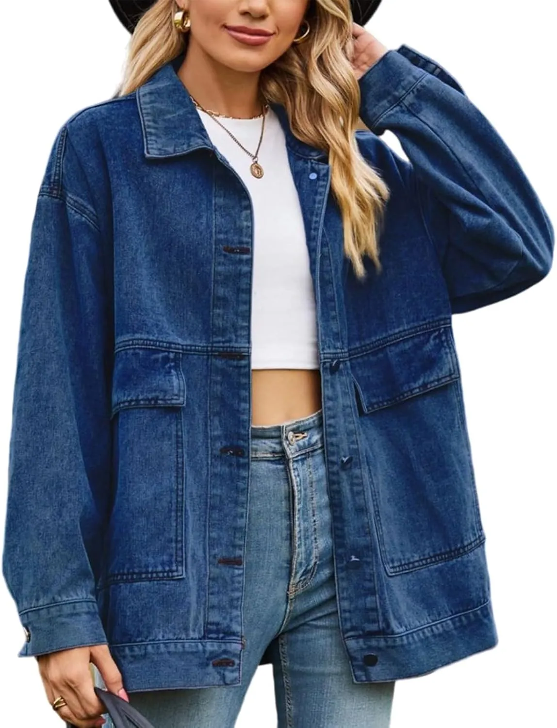 Denim Jackets for Women Long Sleeve Oversized Button Up Denim Coat Casual Jean Jacket Coat with Pockets