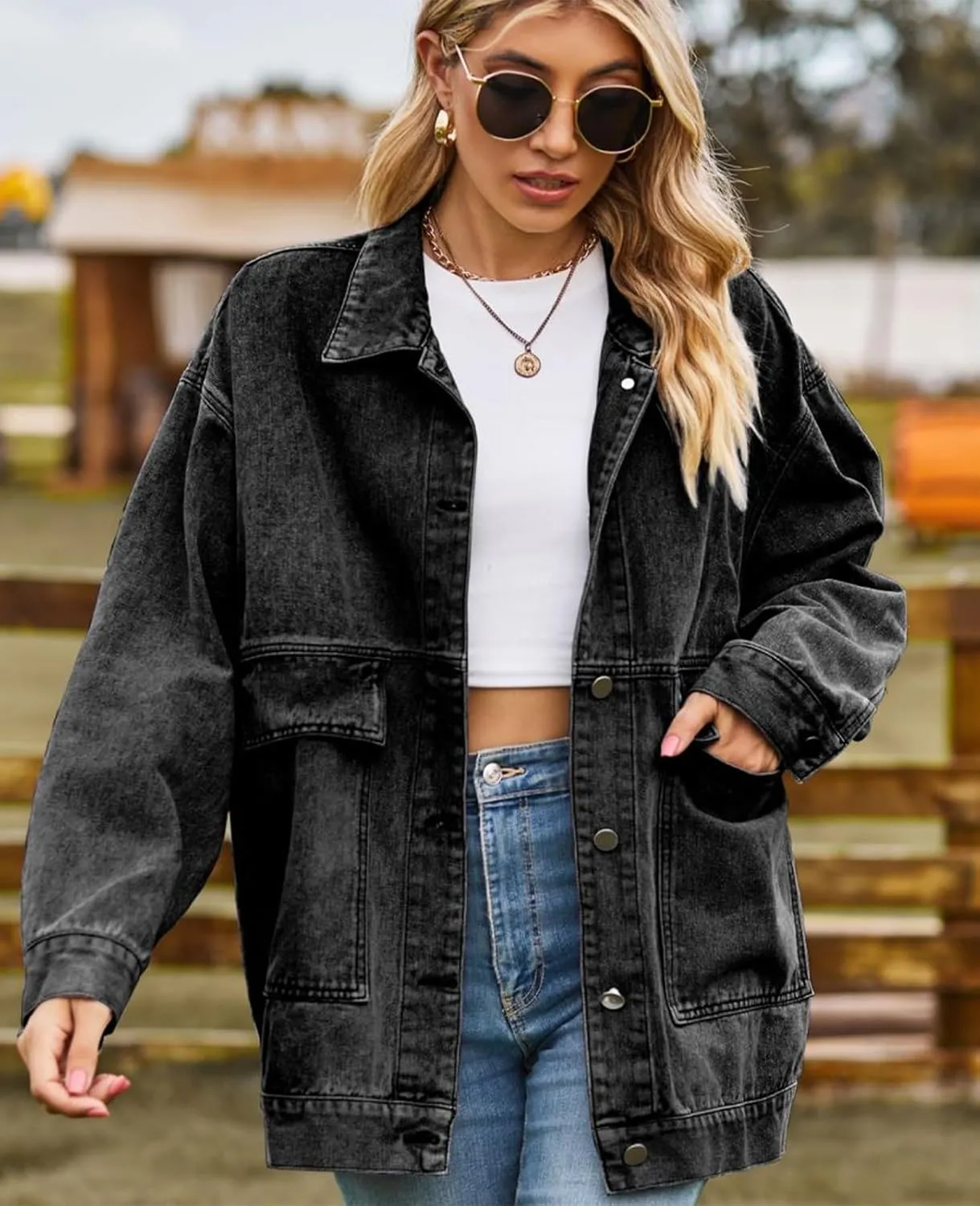 Denim Jackets for Women Long Sleeve Oversized Button Up Denim Coat Casual Jean Jacket Coat with Pockets
