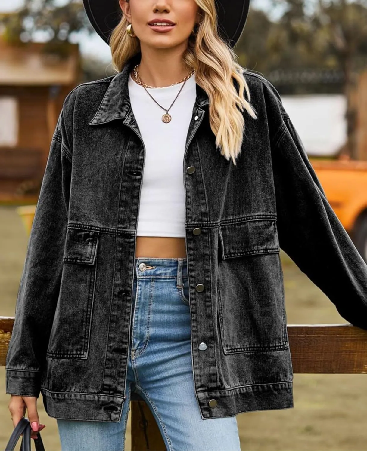 Denim Jackets for Women Long Sleeve Oversized Button Up Denim Coat Casual Jean Jacket Coat with Pockets