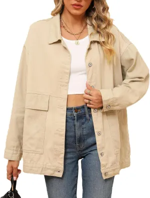 Denim Jackets for Women Long Sleeve Oversized Button Up Denim Coat Casual Jean Jacket Coat with Pockets