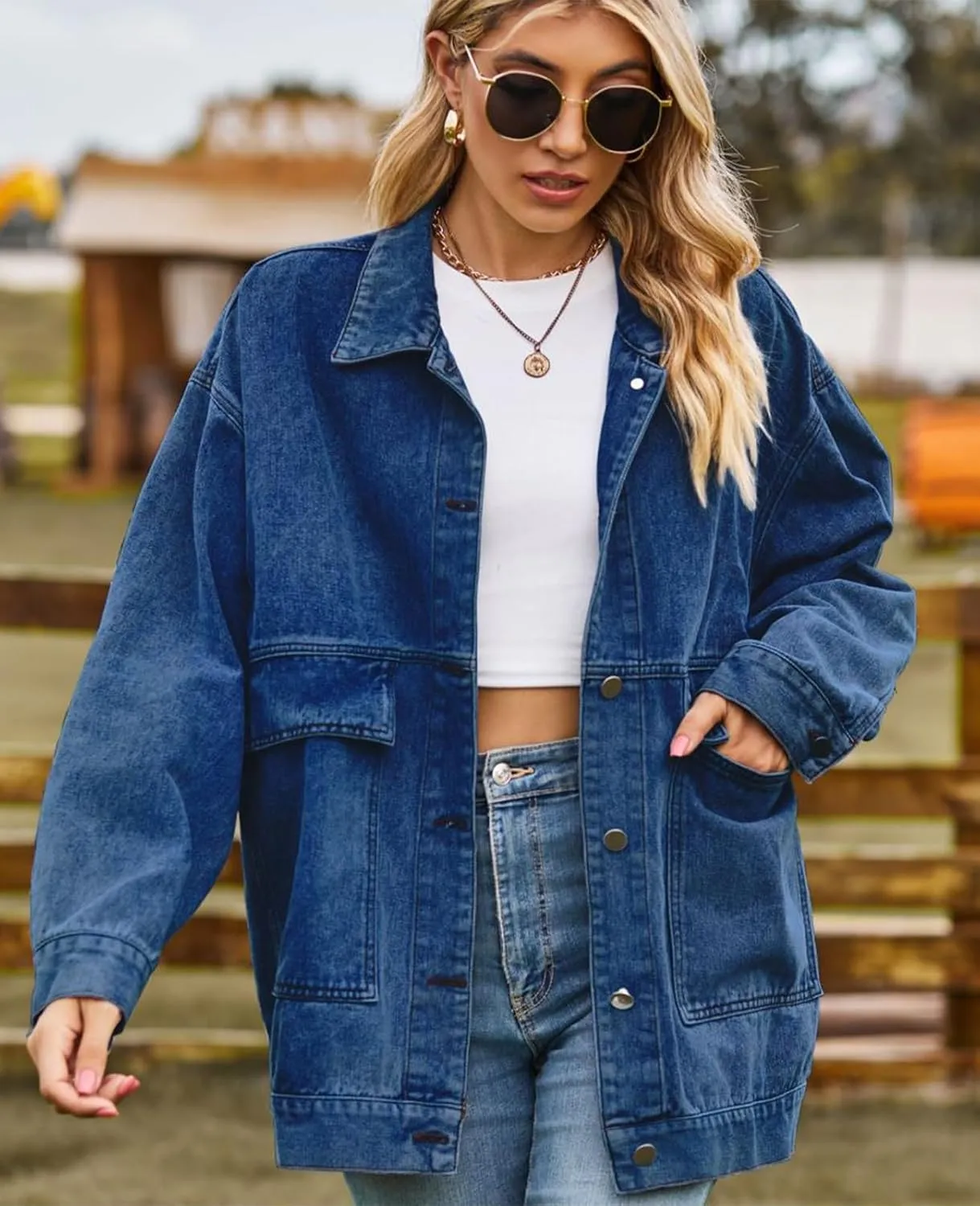 Denim Jackets for Women Long Sleeve Oversized Button Up Denim Coat Casual Jean Jacket Coat with Pockets
