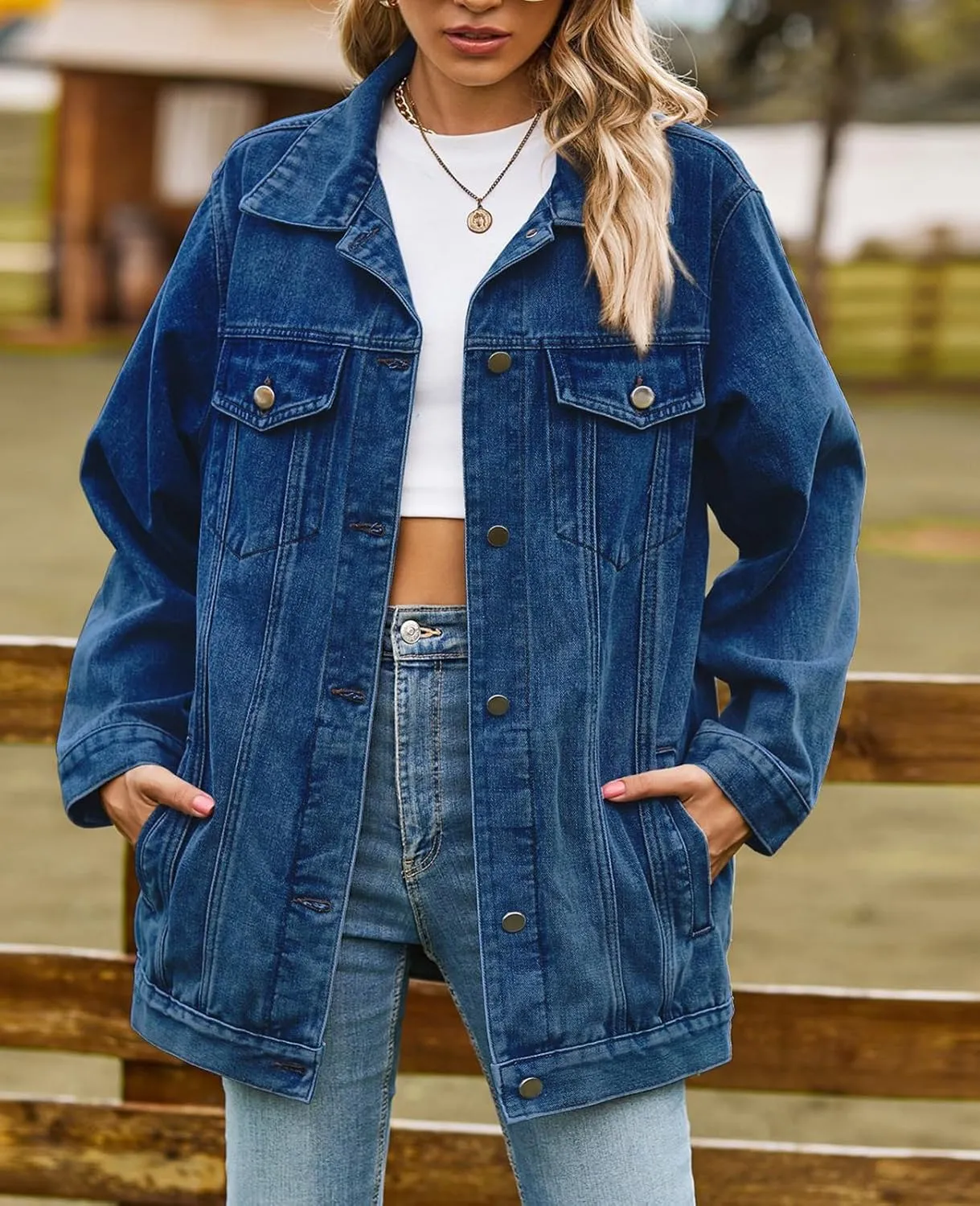 Denim Jackets for Women Long Sleeve Oversized Button Up Denim Coat Casual Jean Jacket Coat with Pockets