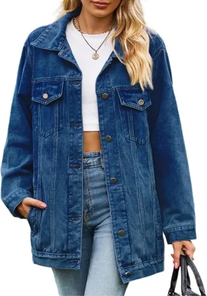 Denim Jackets for Women Long Sleeve Oversized Button Up Denim Coat Casual Jean Jacket Coat with Pockets
