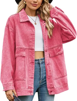 Denim Jackets for Women Long Sleeve Oversized Button Up Denim Coat Casual Jean Jacket Coat with Pockets