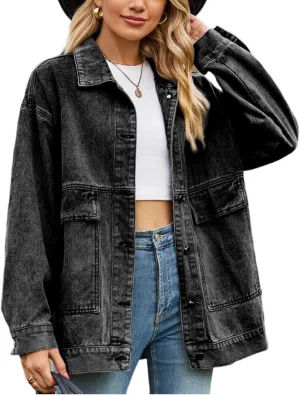 Denim Jackets for Women Long Sleeve Oversized Button Up Denim Coat Casual Jean Jacket Coat with Pockets