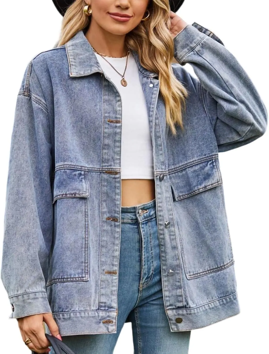 Denim Jackets for Women Long Sleeve Oversized Button Up Denim Coat Casual Jean Jacket Coat with Pockets