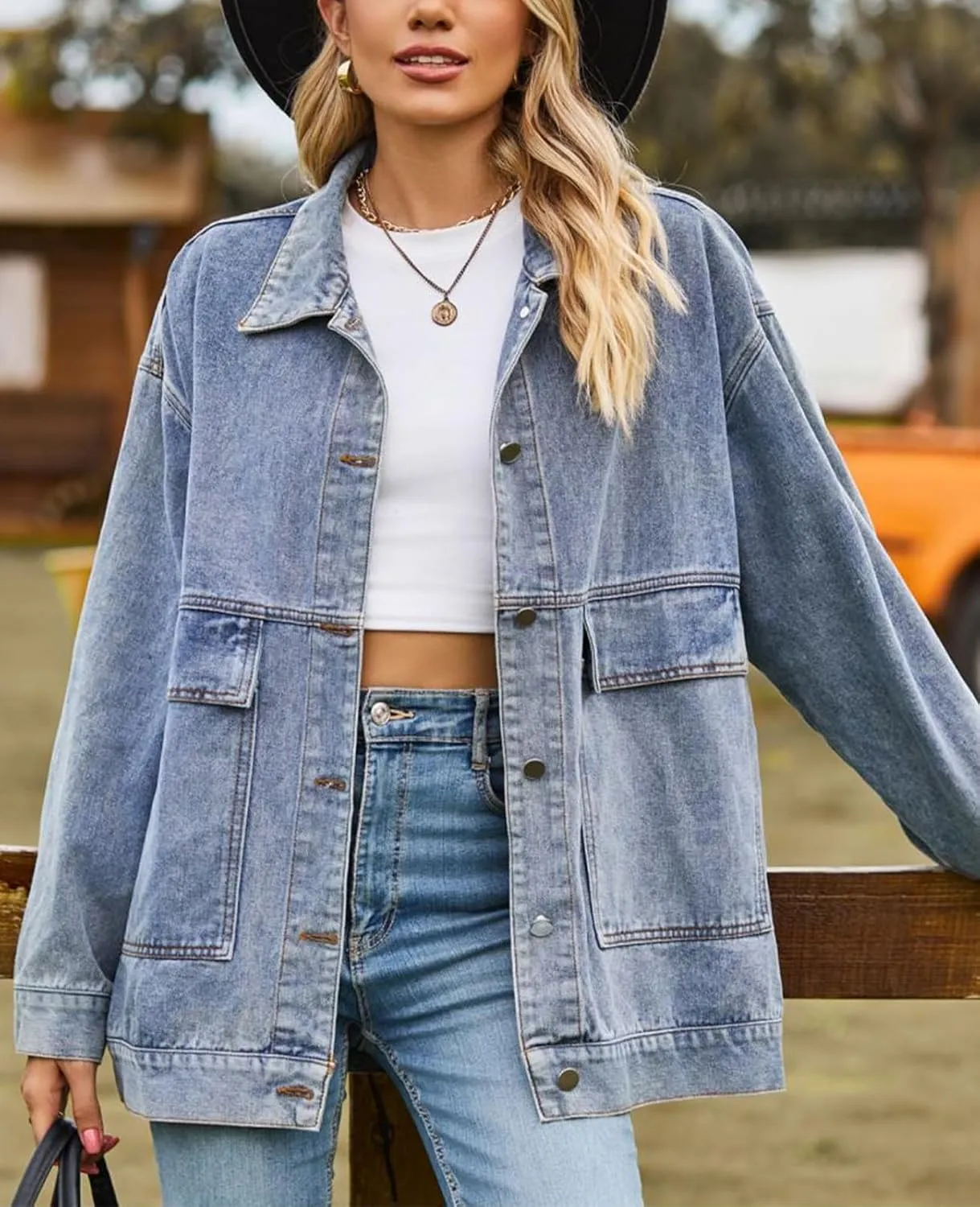 Denim Jackets for Women Long Sleeve Oversized Button Up Denim Coat Casual Jean Jacket Coat with Pockets