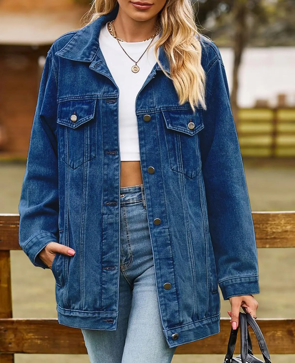 Denim Jackets for Women Long Sleeve Oversized Button Up Denim Coat Casual Jean Jacket Coat with Pockets