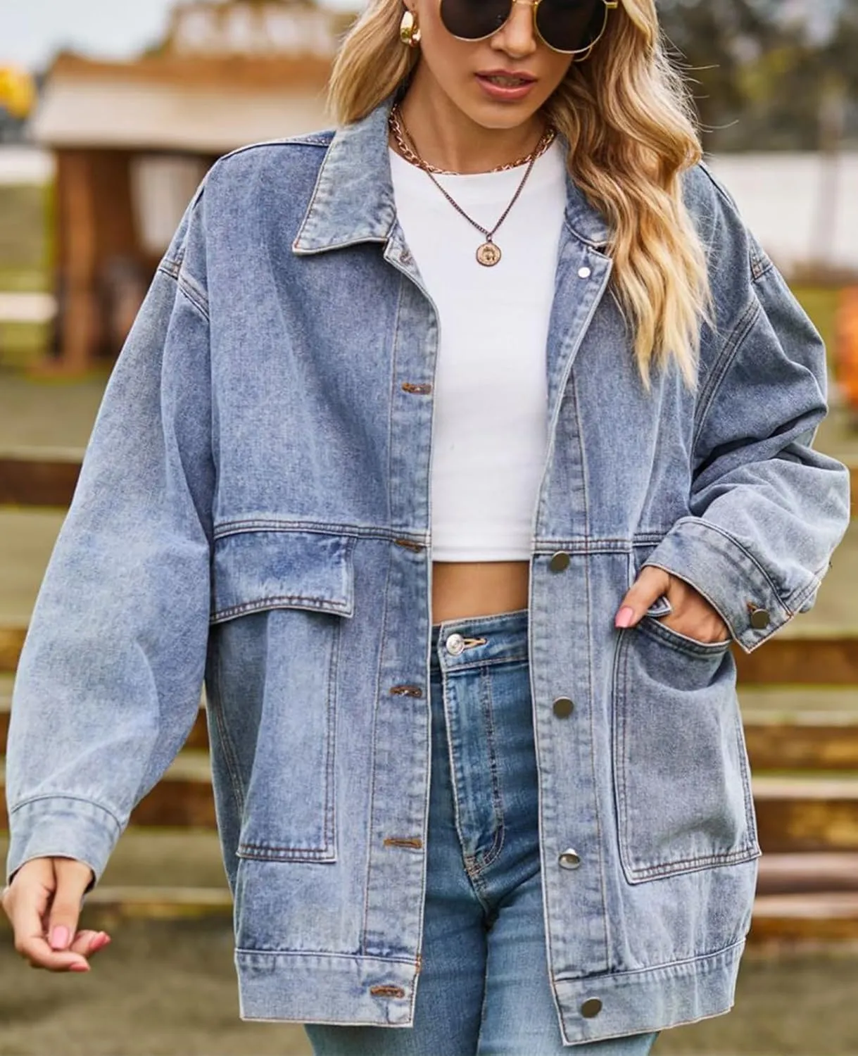 Denim Jackets for Women Long Sleeve Oversized Button Up Denim Coat Casual Jean Jacket Coat with Pockets