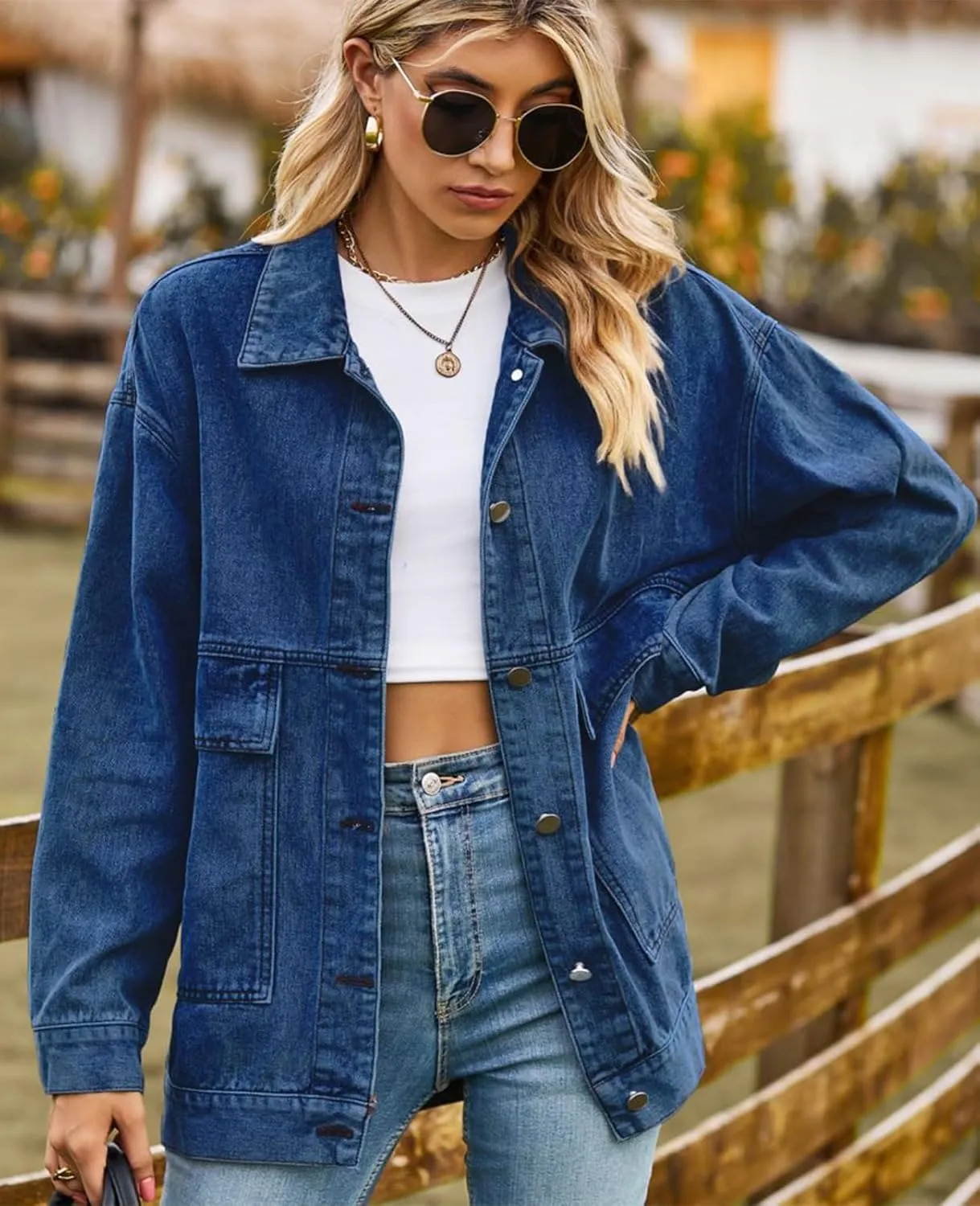 Denim Jackets for Women Long Sleeve Oversized Button Up Denim Coat Casual Jean Jacket Coat with Pockets
