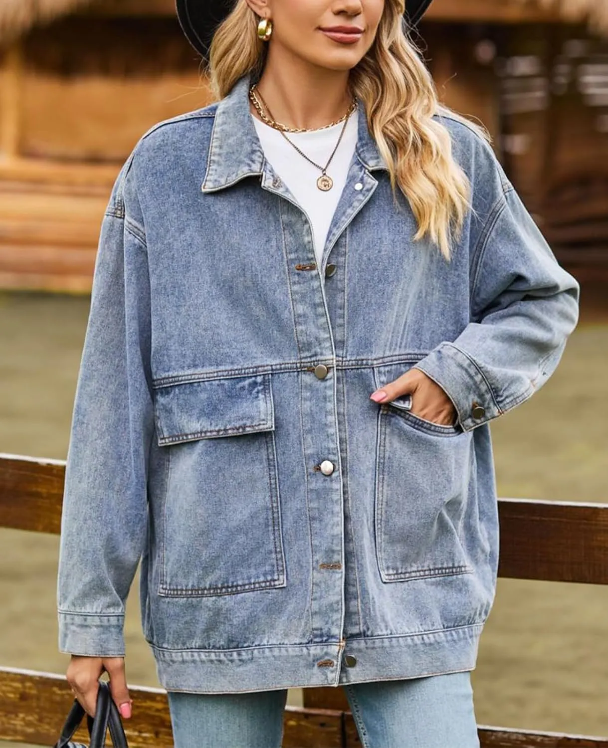 Denim Jackets for Women Long Sleeve Oversized Button Up Denim Coat Casual Jean Jacket Coat with Pockets