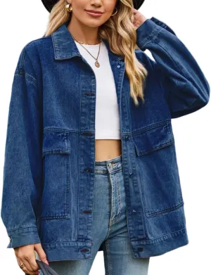 Denim Jackets for Women Long Sleeve Oversized Button Up Denim Coat Casual Jean Jacket Coat with Pockets