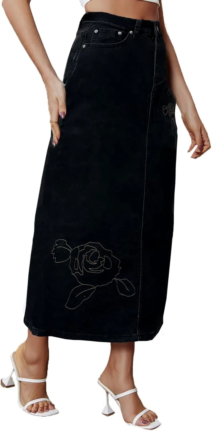 Denim Skirt for Women Midi Jeans Skirt A Line Slit Below The Knee Long Skirt