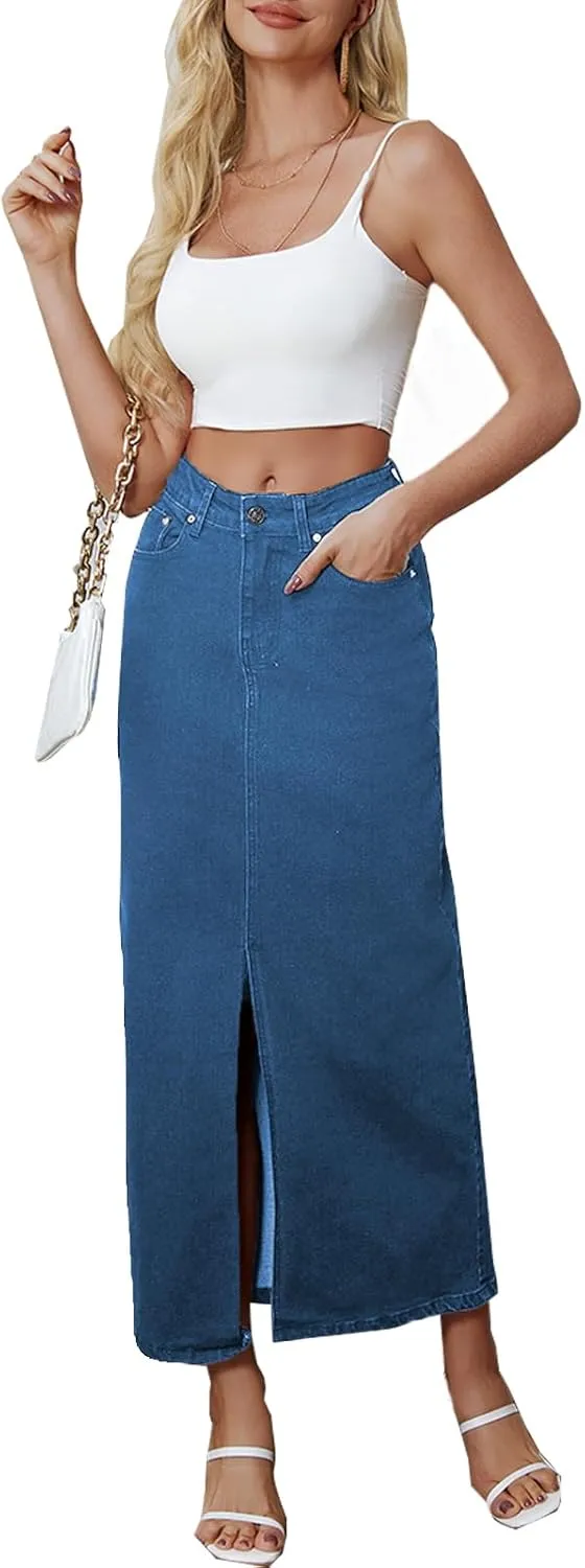 Denim Skirt for Women Midi Jeans Skirt A Line Slit Below The Knee Long Skirt