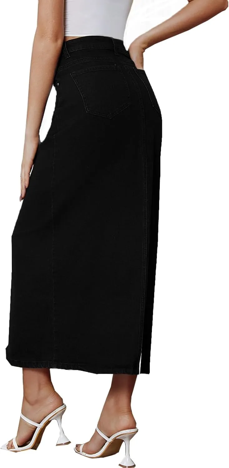 Denim Skirt for Women Midi Jeans Skirt A Line Slit Below The Knee Long Skirt