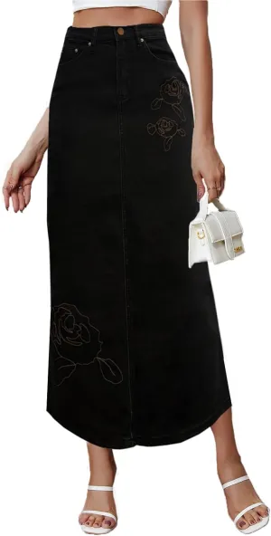 Denim Skirt for Women Midi Jeans Skirt A Line Slit Below The Knee Long Skirt