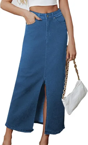 Denim Skirt for Women Midi Jeans Skirt A Line Slit Below The Knee Long Skirt
