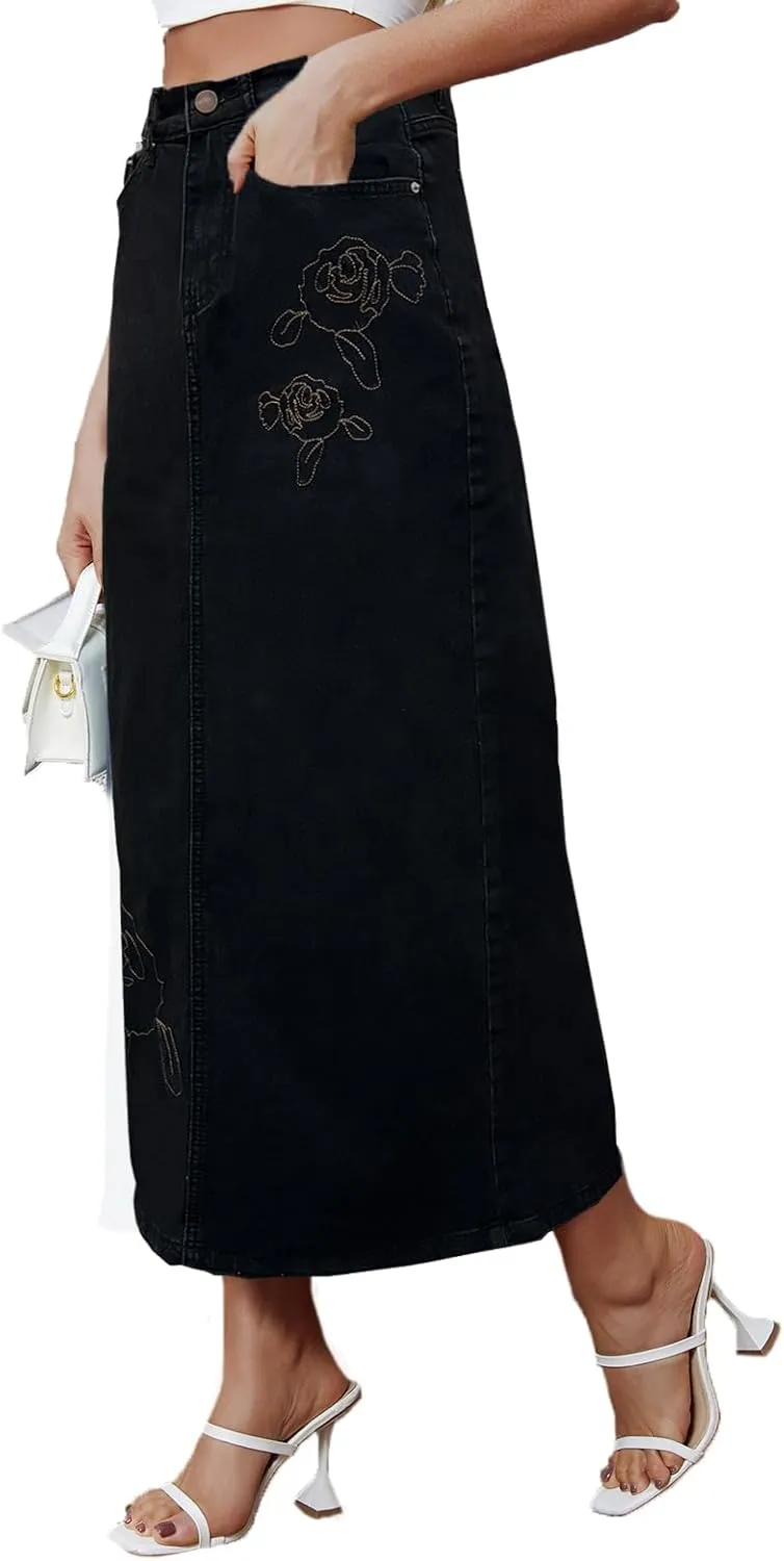 Denim Skirt for Women Midi Jeans Skirt A Line Slit Below The Knee Long Skirt