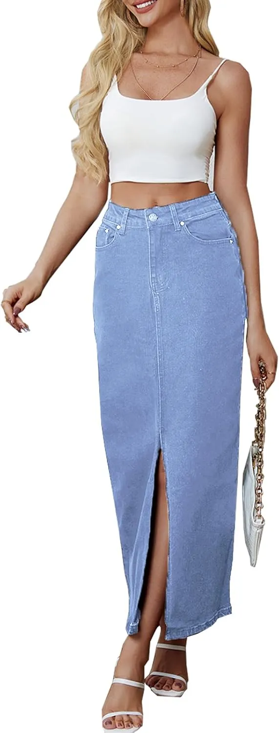 Denim Skirt for Women Midi Jeans Skirt A Line Slit Below The Knee Long Skirt