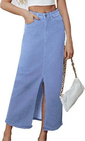 Denim Skirt for Women Midi Jeans Skirt A Line Slit Below The Knee Long Skirt